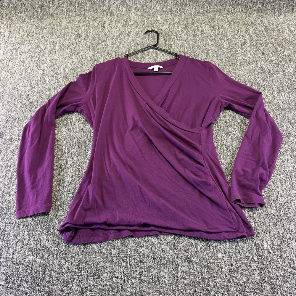 CAbi Wrap Top Womens XL Purple Cotton Stretch Ruched Side Casual V-Neck Pullover